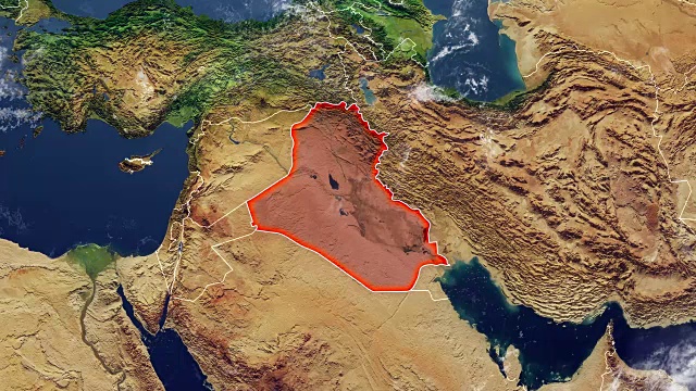 伊拉克地图和边界，中东，阿拉伯半岛的物理地图，地图与浮雕和山脉视频素材