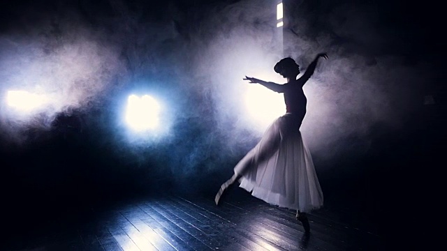 芭蕾舞演员在人造的舞台雾中跳舞。视频素材