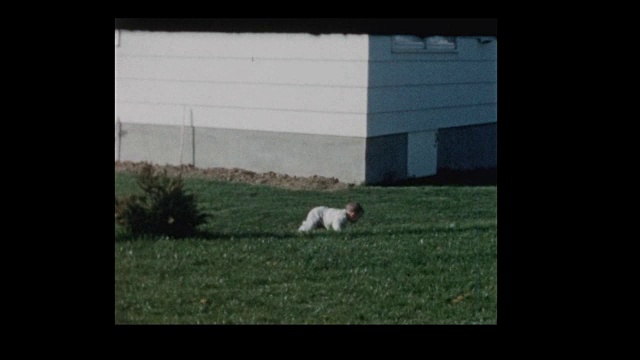 1961年，一个小男孩在后院的草地上爬行视频素材