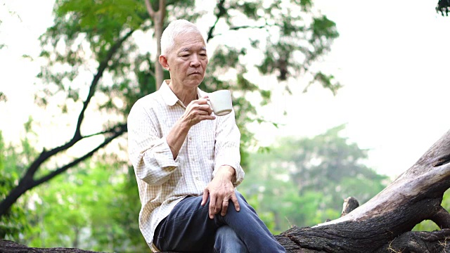 孤独的亚洲老人坐在公园里独自喝着咖啡思考着人生视频素材