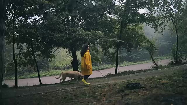 年轻女子和她的狗享受雨天视频素材