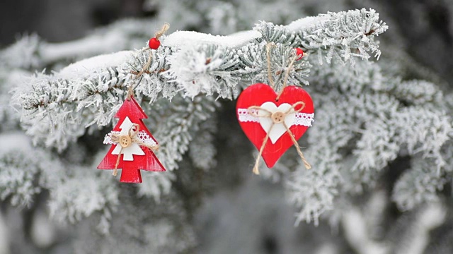冬天公园里白雪覆盖的冷杉枝上的红色圣诞玩具视频下载