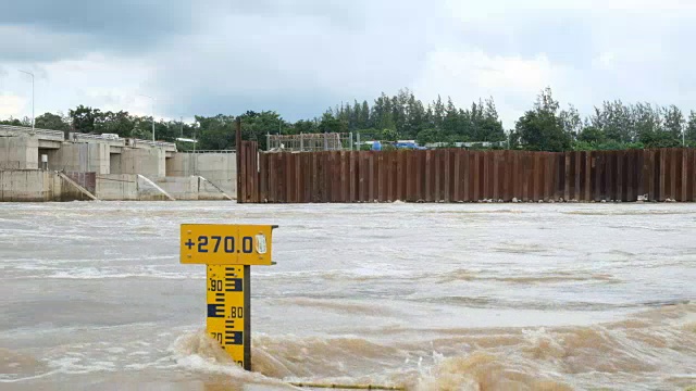 河面水位的标高，在雨季水流非常湍急。视频素材