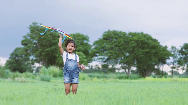 亚洲的孩子女孩和父亲与风筝跑和快乐的草地在夏季的自然视频素材