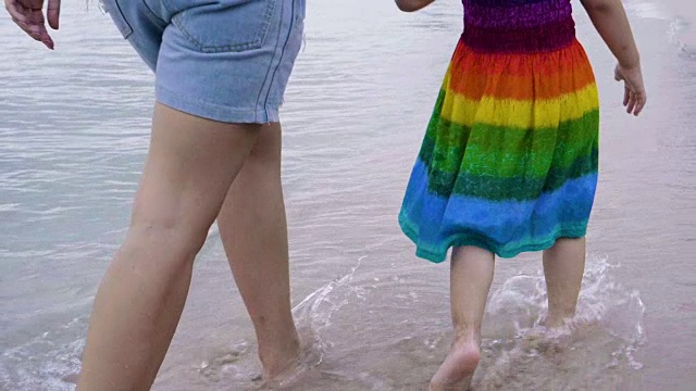 慢镜头:妈妈和她的小女儿在海边跑步视频下载