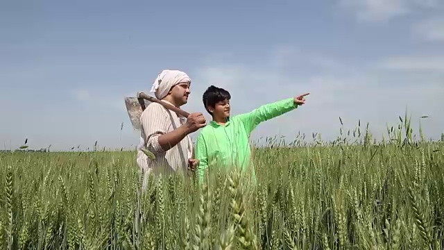 一名成年男子在印度哈里亚纳邦的农场向儿子解释视频素材