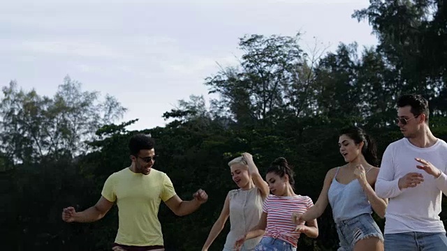 人们在山公园跳舞，快乐的朋友混合种族团体户外视频素材