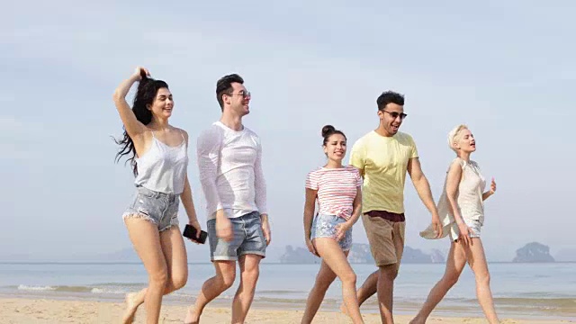 快乐的人走在沙滩上跳舞，快乐的年轻游客群体交流视频素材