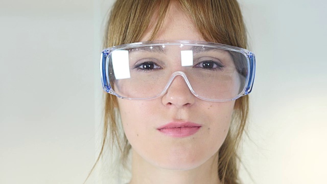 近距离的女性研究科学家，医生在保护眼镜视频下载