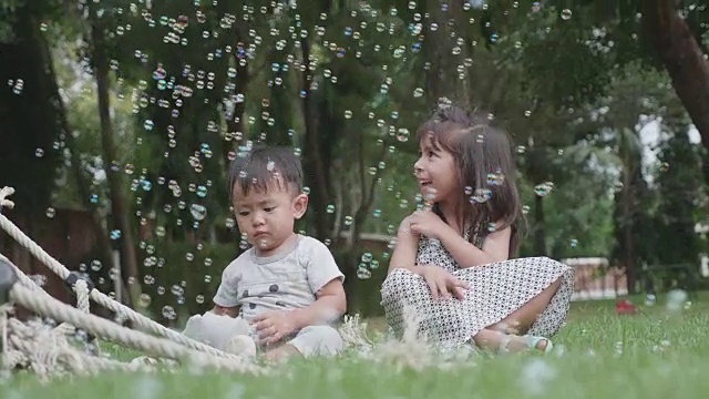 快乐的兄弟姐妹在公园里玩肥皂泡。视频素材