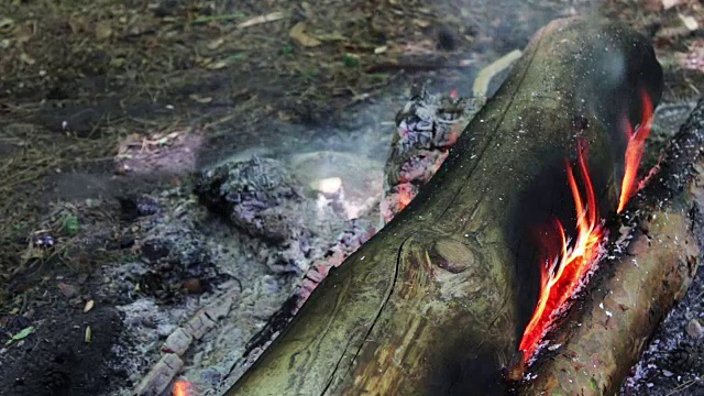 巨大的燃烧着的木柴或圆木躺在草地上，在露天的火焰中燃烧着视频素材