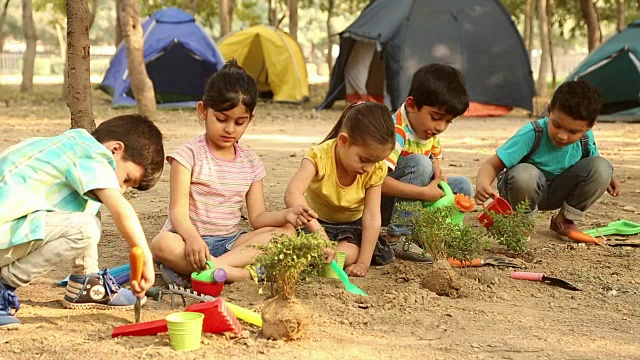 一群男孩和女孩园艺，德里，印度视频素材