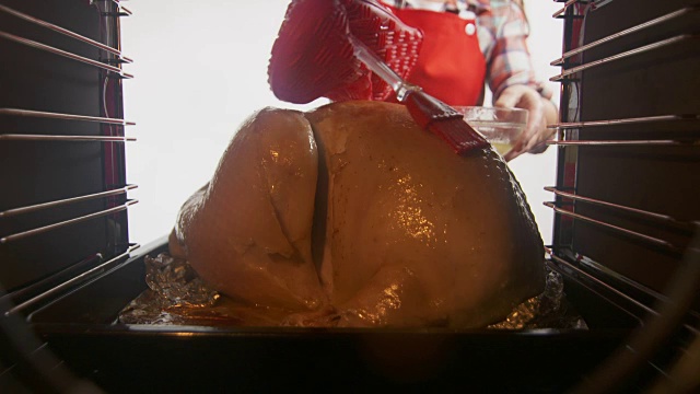 一个女人正在用电烤箱为感恩节晚餐烤火鸡视频素材