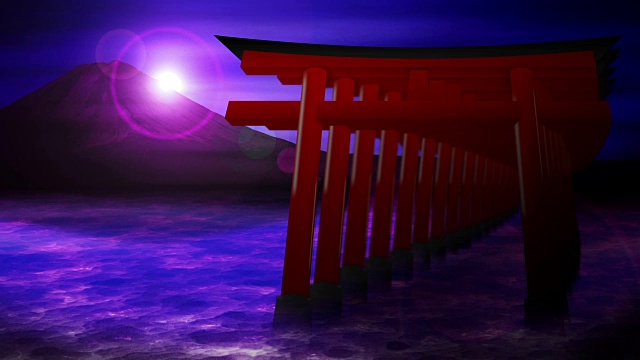 日本的红鸟居门，湖上的富士山，循环动画，视频下载