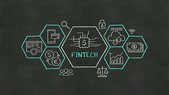 金融科技图标和各种图形在黑板上。视频下载