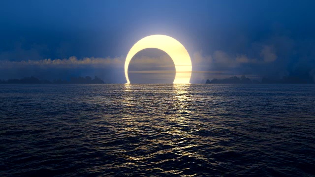 蓝色的日落和日食在无缝环的海洋上。视频下载
