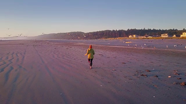 无人机拍摄的女子在华盛顿海岸偏远的海滩上跑步视频素材