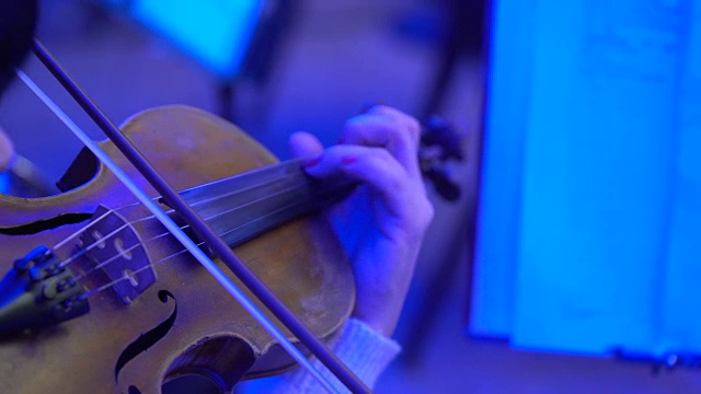 音乐会上的小提琴手。在美丽的灯光下演奏小提琴的音乐家。特写镜头视频素材