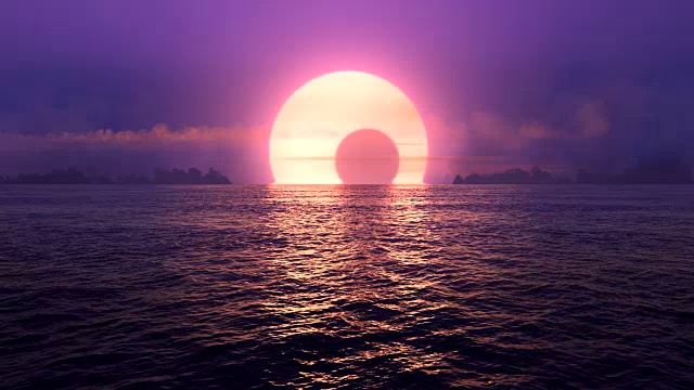 紫色的日落和日蚀在天衣无缝的环海洋上。视频素材