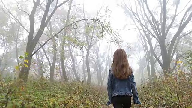 一个长头发的欧洲女孩，蓝色的夹克，黑色的裤子，运动鞋和蓝色的眼睛。一个吓坏了的小孩正在穿过雾蒙蒙的荒凉的森林。孤独。视频素材