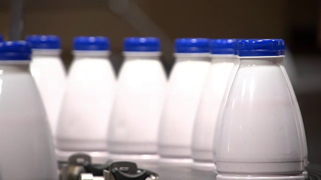在乌克兰的一家现代乳制品工厂，一条装有奶瓶的移动传送带视频下载