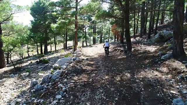 一名山地自行车手在森林小径上骑着运动自行车。视频素材