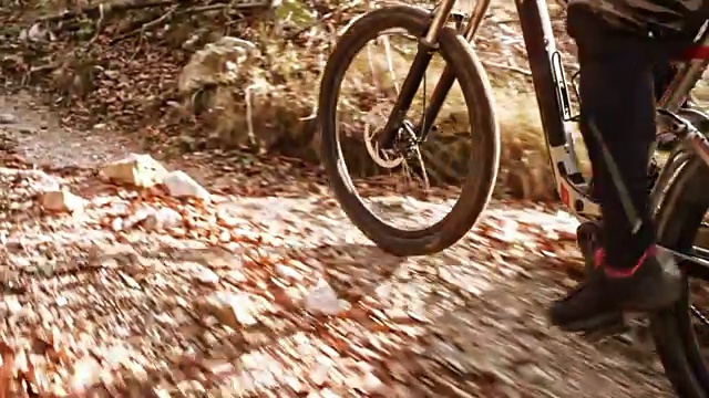 TS男性山地自行车骑在森林与阳光的背景视频素材