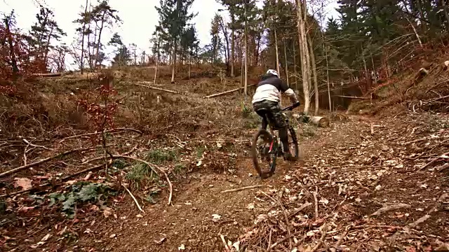 山地自行车手正在森林里爬山视频素材