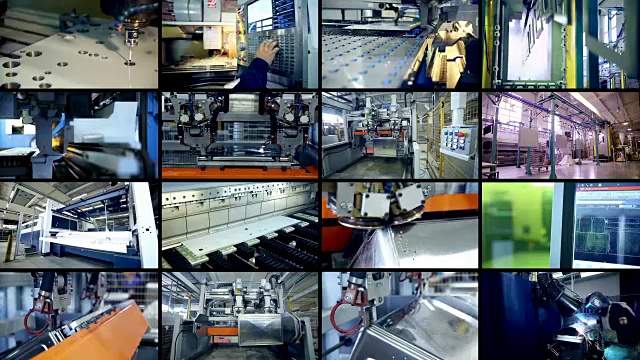 现代化的工厂。多屏幕蒙太奇。视频素材