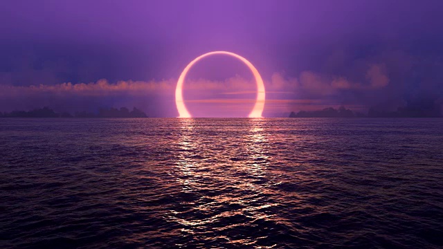 紫色的日落和日蚀在天衣无缝的环海洋上。视频下载