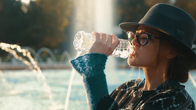 一个女孩站在喷泉前喝塑料瓶里的水的电影慢动作镜头视频素材