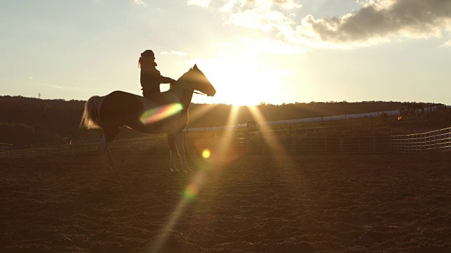 少女训练马围场日落农场视频素材