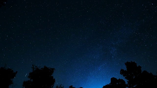 夜空和星星，时间流逝的银河和辉光在树木森林，星星和飞机的踪迹。视频素材