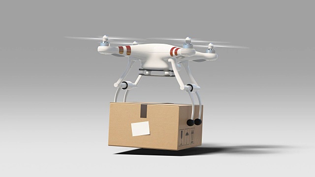 无人机着陆与包裹到地面和飞走。3d动画与阿尔法Matte。现代交付的概念。视频素材