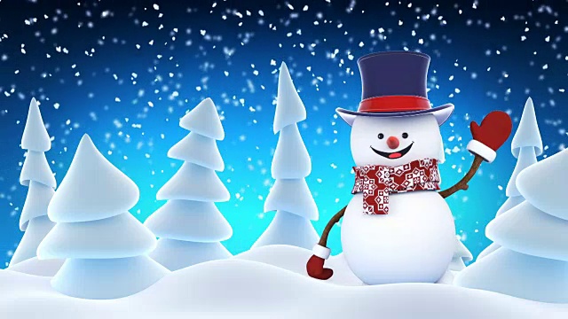 滑稽的雪人高帽正在舞台上挥手和微笑在冬季森林。美丽的循环3d卡通动画。动画贺卡。圣诞快乐，新年快乐。视频素材