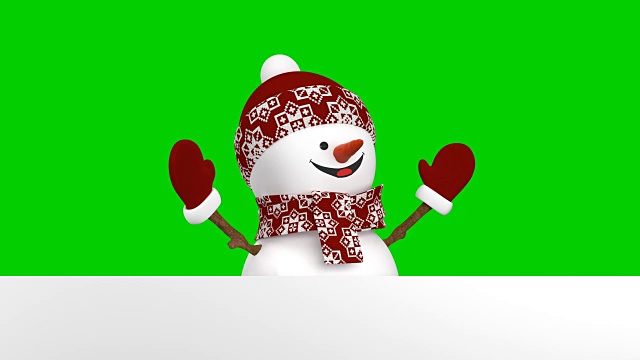 滑稽的小红帽雪人用手和微笑问候。美丽的3d卡通动画与绿色屏幕。动画贺卡。圣诞快乐，新年快乐。视频素材