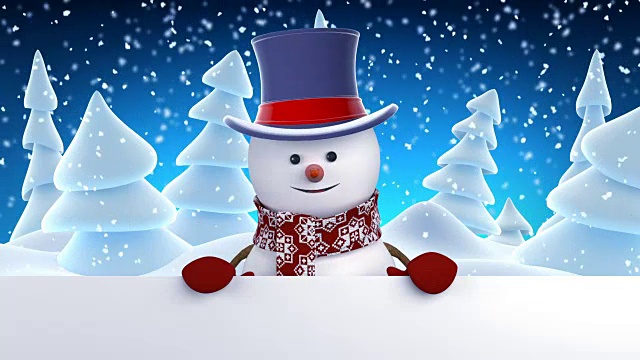 滑稽的雪人在高帽子问候与手和微笑。美丽的3d卡通动画与绿色屏幕。动画贺卡。圣诞快乐，新年快乐。视频素材