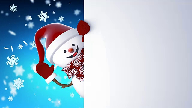滑稽的雪人在圣诞老人的帽子问候与手和微笑。美丽的3d卡通动画与绿色屏幕。动画贺卡。圣诞快乐，新年快乐。视频素材