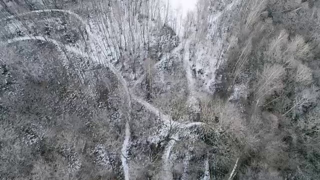 空中无人机飞行建立在雪山森林上空。冬天的雪在野外的山中自然。直接透视旅行探索阿尔卑斯山。4k俯视图视频视频素材
