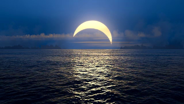 蓝色的日落和日食在无缝环的海洋上。视频素材