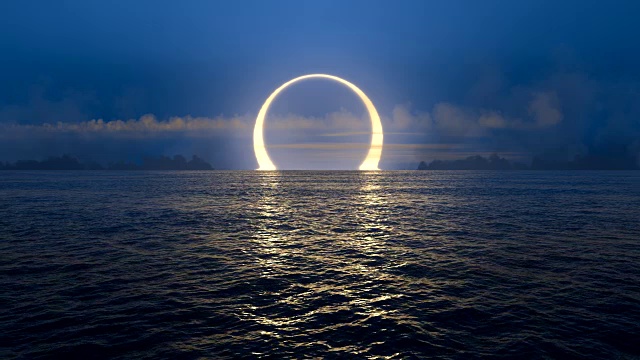 蓝色的日落和日食在无缝环的海洋上。视频下载