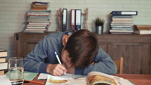 小男孩读着课本上的作业，写着什么视频素材