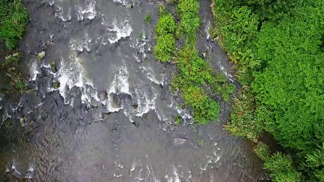 山河和绿色的河岸从上面。视频下载