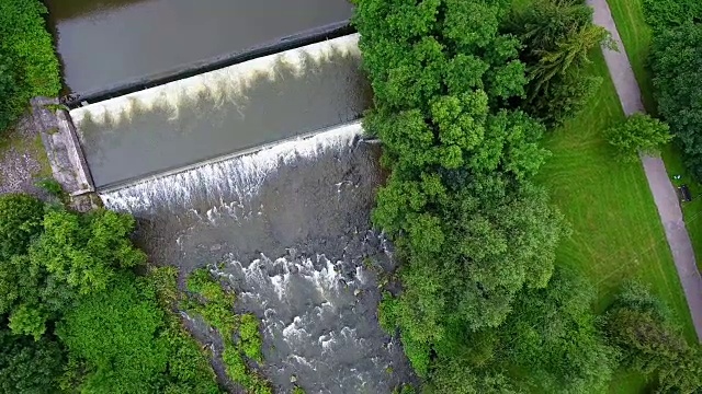 山河和绿色的河岸从上面。视频下载