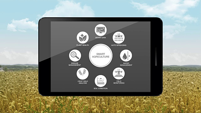 智能农业智能农业，信息图形图标在智能平板，智能平板，物联网。4工业revolution.4。视频素材