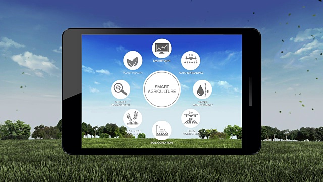智能农业智能农业，信息图形图标在智能平板，智能平板，物联网。4工业revolution.1。视频素材