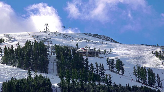 滑雪缆车带人们去保加利亚班斯科的世界杯滑雪坡顶-自然和运动背景，4k视频素材