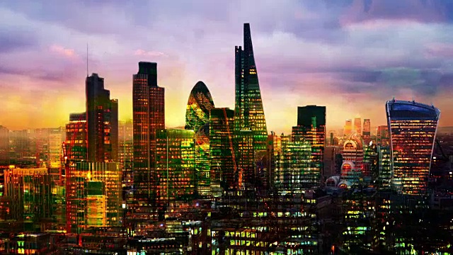 日落时分，伦敦商业咏叹调景。伦敦金融城，欧洲领先的金融中心。视频素材