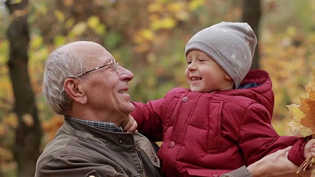 爷爷和蹒跚学步的男孩在秋季公园休息视频下载