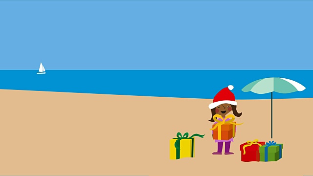 和戴着圣诞帽的女孩在温暖的海滩上过圣诞节视频下载